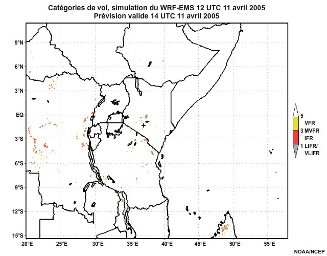 Diagnostic de catégorie de vol issu du modèle WRF-EMS, pour l'Afrique orientale, simulation de 12 UTC, le 11 avril 2005. Prévision valide à 22 UTC, le 11 avril 2005.