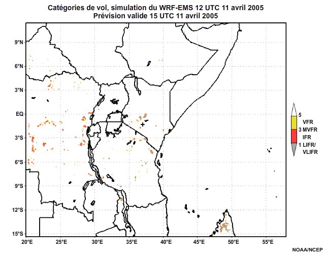 Diagnostic de catégorie de vol issu du modèle WRF-EMS, pour l'Afrique orientale, simulation de 12 UTC, le 11 avril 2005. Prévision valide à 22 UTC, le 11 avril 2005.
