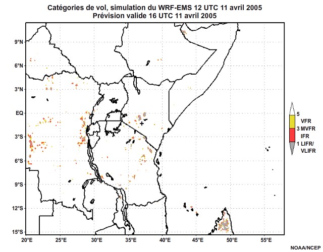Diagnostic de catégorie de vol issu du modèle WRF-EMS, pour l'Afrique orientale, simulation de 12 UTC, le 11 avril 2005. Prévision valide à 22 UTC, le 11 avril 2005.
