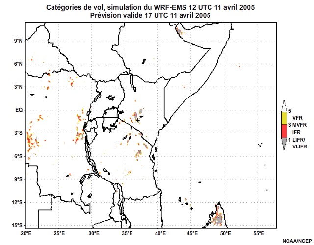 Diagnostic de catégorie de vol issu du modèle WRF-EMS, pour l'Afrique orientale, simulation de 12 UTC, le 11 avril 2005. Prévision valide à 22 UTC, le 11 avril 2005.