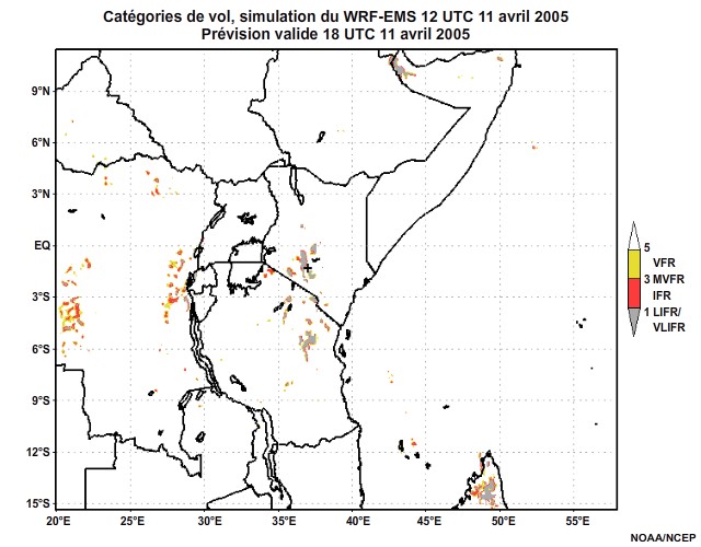 Diagnostic de catégorie de vol issu du modèle WRF-EMS, pour l'Afrique orientale, simulation de 12 UTC, le 11 avril 2005. Prévision valide à 22 UTC, le 11 avril 2005.