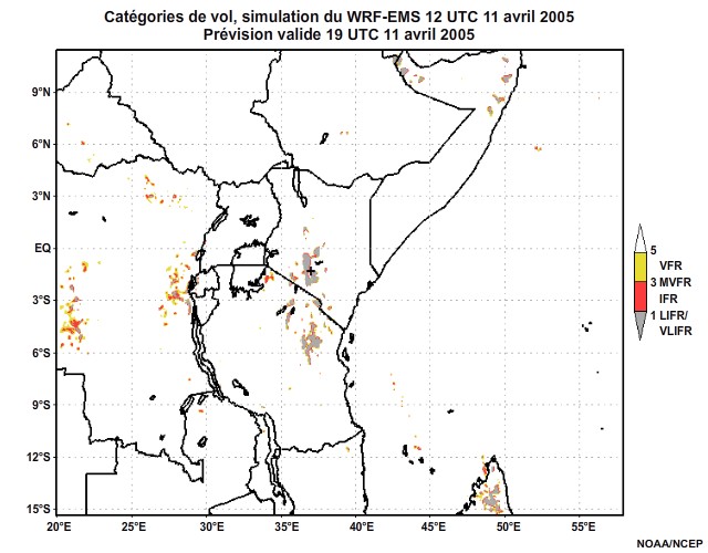 Diagnostic de catégorie de vol issu du modèle WRF-EMS, pour l'Afrique orientale, simulation de 12 UTC, le 11 avril 2005. Prévision valide à 22 UTC, le 11 avril 2005.
