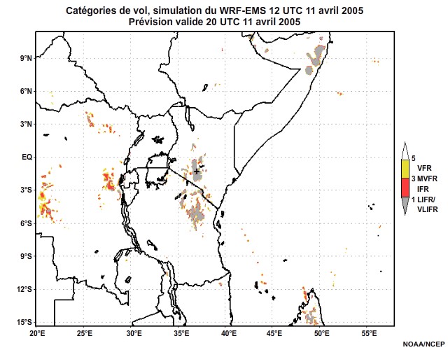 Diagnostic de catégorie de vol issu du modèle WRF-EMS, pour l'Afrique orientale, simulation de 12 UTC, le 11 avril 2005. Prévision valide à 22 UTC, le 11 avril 2005.