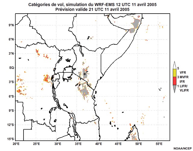 Diagnostic de catégorie de vol issu du modèle WRF-EMS, pour l'Afrique orientale, simulation de 12 UTC, le 11 avril 2005. Prévision valide à 22 UTC, le 11 avril 2005.