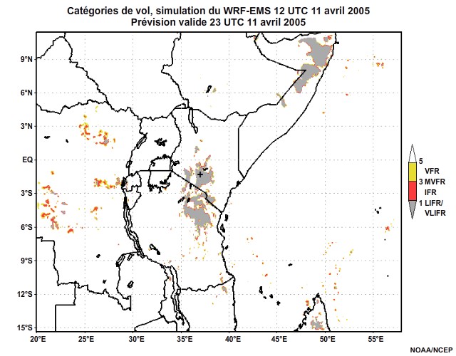 Diagnostic de catégorie de vol issu du modèle WRF-EMS, pour l'Afrique orientale, simulation de 12 UTC, le 11 avril 2005. Prévision valide à 22 UTC, le 11 avril 2005.