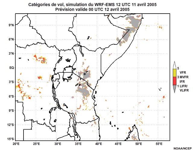 Diagnostic de catégorie de vol issu du modèle WRF-EMS, pour l'Afrique orientale, simulation de 12 UTC, le 11 avril 2005. Prévision valide à 22 UTC, le 11 avril 2005.