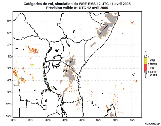 Diagnostic de catégorie de vol issu du modèle WRF-EMS, pour l'Afrique orientale, simulation de 12 UTC, le 11 avril 2005. Prévision valide à 22 UTC, le 11 avril 2005.