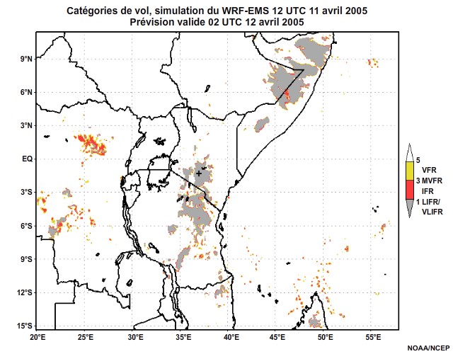 Diagnostic de catégorie de vol issu du modèle WRF-EMS, pour l'Afrique orientale, simulation de 12 UTC, le 11 avril 2005. Prévision valide à 22 UTC, le 11 avril 2005.