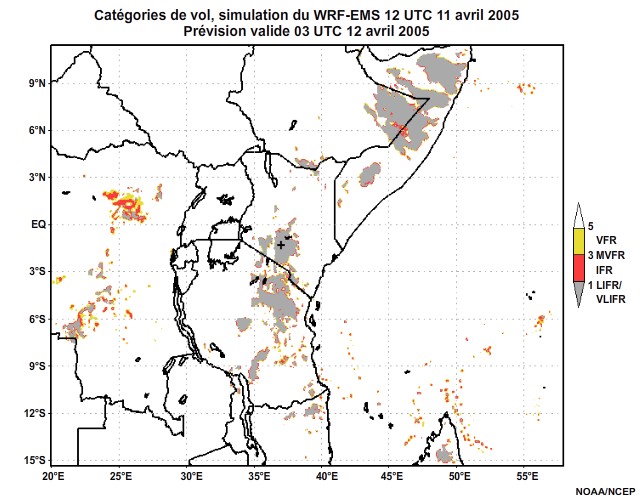 Diagnostic de catégorie de vol issu du modèle WRF-EMS, pour l'Afrique orientale, simulation de 12 UTC, le 11 avril 2005. Prévision valide à 22 UTC, le 11 avril 2005.