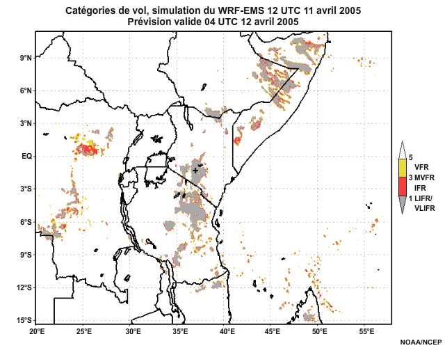 Diagnostic de catégorie de vol issu du modèle WRF-EMS, pour l'Afrique orientale, simulation de 12 UTC, le 11 avril 2005. Prévision valide à 22 UTC, le 11 avril 2005.