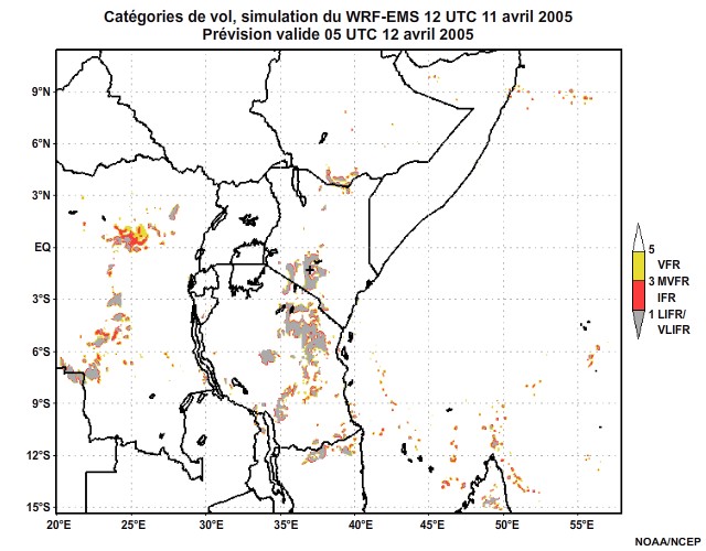 Diagnostic de catégorie de vol issu du modèle WRF-EMS, pour l'Afrique orientale, simulation de 12 UTC, le 11 avril 2005. Prévision valide à 22 UTC, le 11 avril 2005.