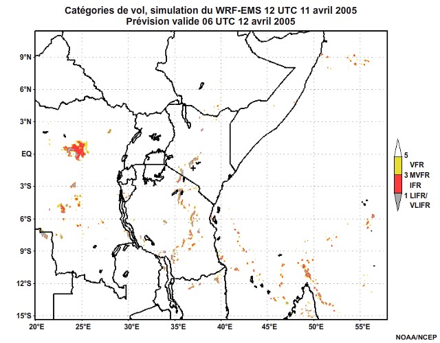 Diagnostic de catégorie de vol issu du modèle WRF-EMS, pour l'Afrique orientale, simulation de 12 UTC, le 11 avril 2005. Prévision valide à 22 UTC, le 11 avril 2005.