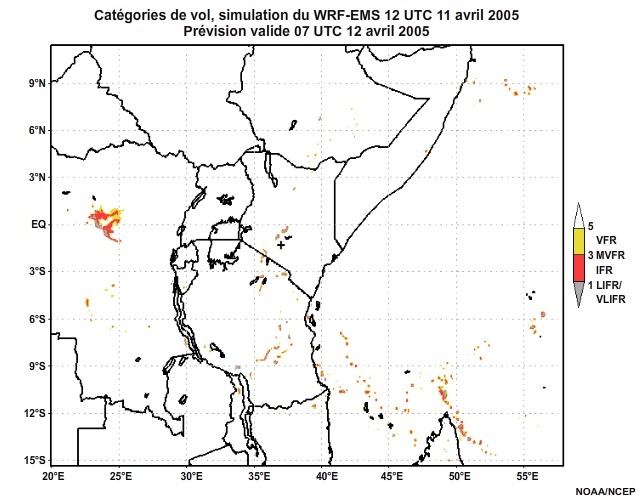 Diagnostic de catégorie de vol issu du modèle WRF-EMS, pour l'Afrique orientale, simulation de 12 UTC, le 11 avril 2005. Prévision valide à 22 UTC, le 11 avril 2005.