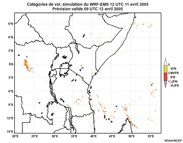 Diagnostic de catégorie de vol issu du modèle WRF-EMS, pour l'Afrique orientale, simulation de 12 UTC, le 11 avril 2005. Prévision valide à 22 UTC, le 11 avril 2005.