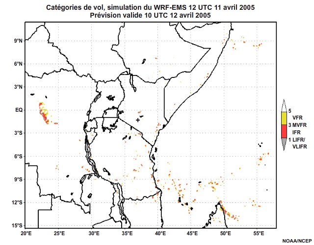 Diagnostic de catégorie de vol issu du modèle WRF-EMS, pour l'Afrique orientale, simulation de 12 UTC, le 11 avril 2005. Prévision valide à 22 UTC, le 11 avril 2005.