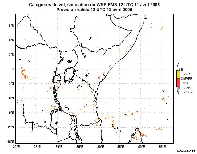 Diagnostic de catégorie de vol issu du modèle WRF-EMS, pour l'Afrique orientale, simulation de 12 UTC, le 11 avril 2005. Prévision valide à 22 UTC, le 11 avril 2005.