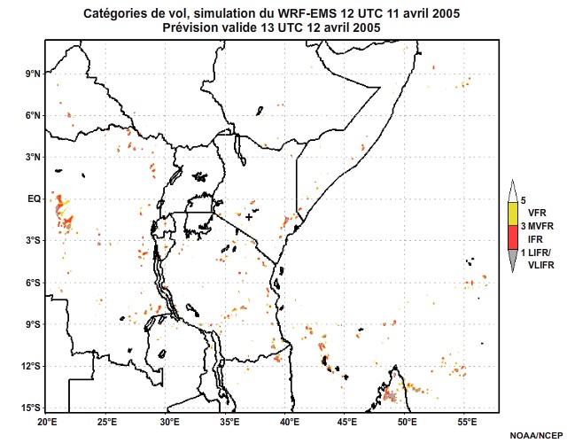 Diagnostic de catégorie de vol issu du modèle WRF-EMS, pour l'Afrique orientale, simulation de 12 UTC, le 11 avril 2005. Prévision valide à 22 UTC, le 11 avril 2005.