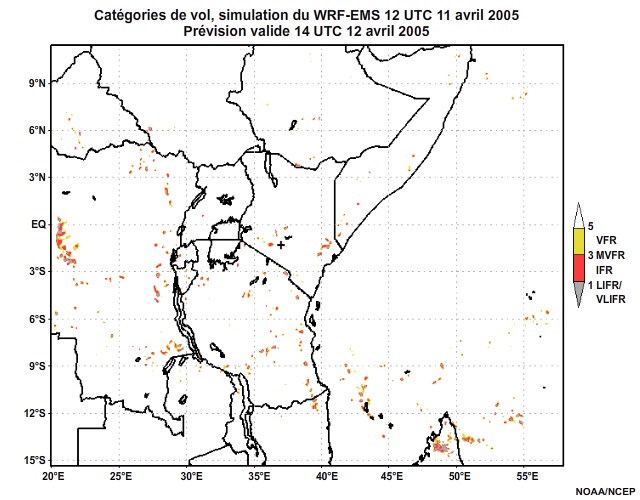 Diagnostic de catégorie de vol issu du modèle WRF-EMS, pour l'Afrique orientale, simulation de 12 UTC, le 11 avril 2005. Prévision valide à 22 UTC, le 11 avril 2005.