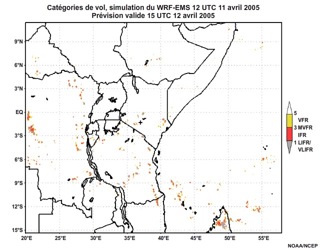 Diagnostic de catégorie de vol issu du modèle WRF-EMS, pour l'Afrique orientale, simulation de 12 UTC, le 11 avril 2005. Prévision valide à 22 UTC, le 11 avril 2005.