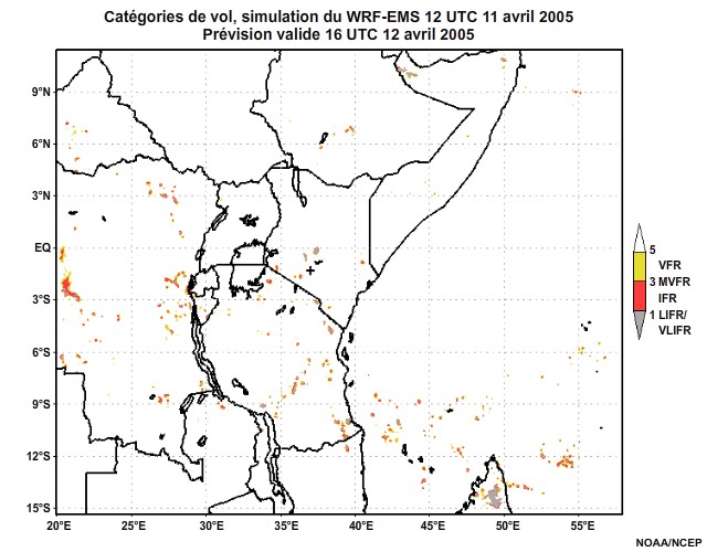 Diagnostic de catégorie de vol issu du modèle WRF-EMS, pour l'Afrique orientale, simulation de 12 UTC, le 11 avril 2005. Prévision valide à 22 UTC, le 11 avril 2005.