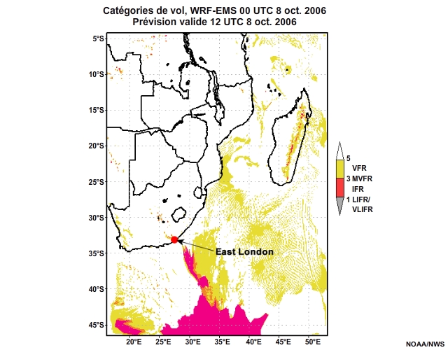 Prvision de catgorie de vol, de 12  30 heures, pour l'Afrique australe, simulation du modle WRF-EMS de 00UTC, le 8 oct. 2006.