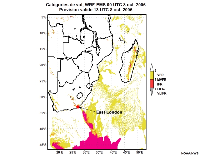 Prévision de catégorie de vol, de 12 à 30 heures, pour l'Afrique australe, simulation du modèle WRF-EMS de 00 UTC, le 8 oct. 2006.