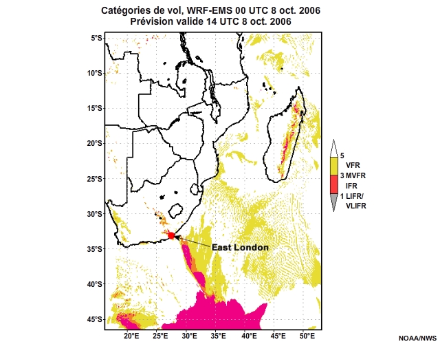 Prévision de catégorie de vol, de 12 à 30 heures, pour l'Afrique australe, simulation du modèle WRF-EMS de 00 UTC, le 8 oct. 2006.