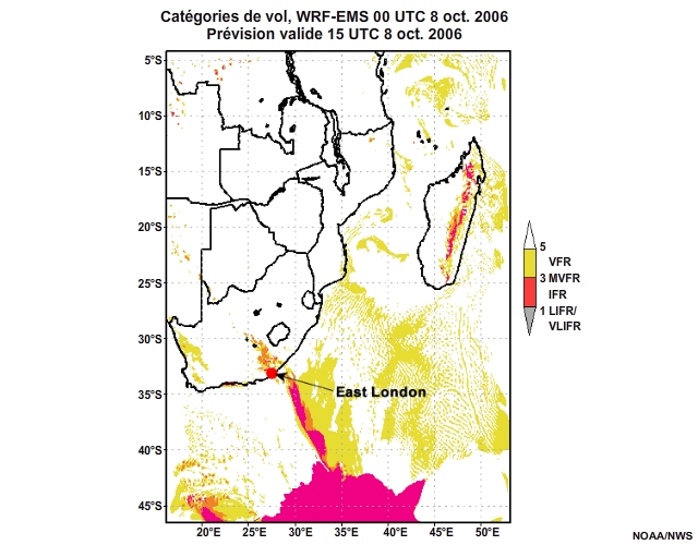 Prévision de catégorie de vol, de 12 à 30 heures, pour l'Afrique australe, simulation du modèle WRF-EMS de 00 UTC, le 8 oct. 2006.