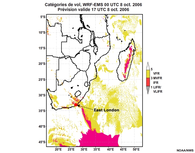 Prévision de catégorie de vol, de 12 à 30 heures, pour l'Afrique australe, simulation du modèle WRF-EMS de 00 UTC, le 8 oct. 2006.