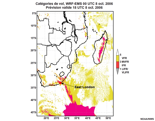 Prévision de catégorie de vol, de 12 à 30 heures, pour l'Afrique australe, simulation du modèle WRF-EMS de 00 UTC, le 8 oct. 2006.