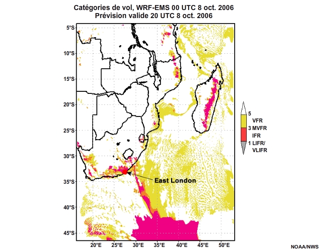 Prévision de catégorie de vol, de 12 à 30 heures, pour l'Afrique australe, simulation du modèle WRF-EMS de 00 UTC, le 8 oct. 2006.