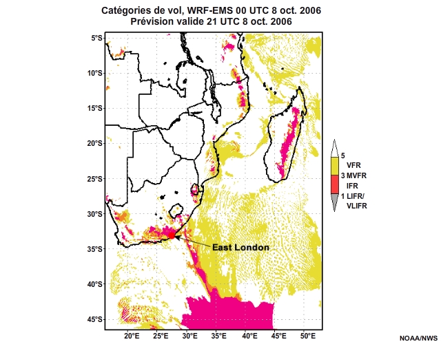 Prévision de catégorie de vol, de 12 à 30 heures, pour l'Afrique australe, simulation du modèle WRF-EMS de 00 UTC, le 8 oct. 2006.