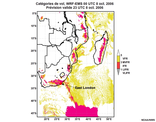 Prévision de catégorie de vol, de 12 à 30 heures, pour l'Afrique australe, simulation du modèle WRF-EMS de 00 UTC, le 8 oct. 2006.