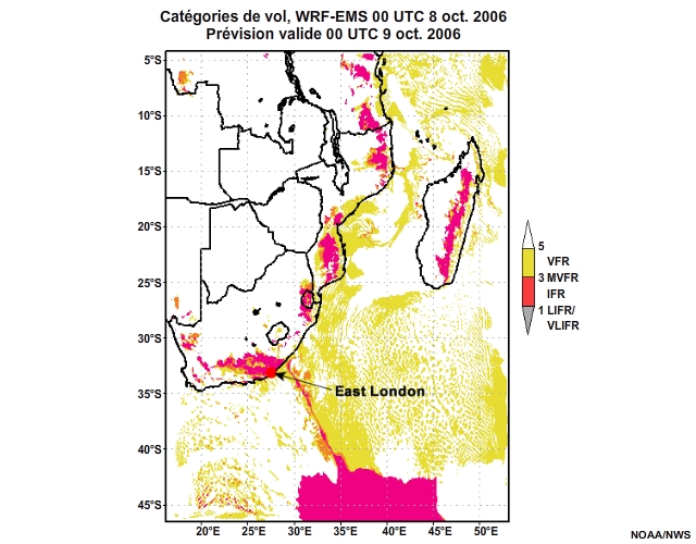 Prévision de catégorie de vol, de 12 à 30 heures, pour l'Afrique australe, simulation du modèle WRF-EMS de 00 UTC, le 8 oct. 2006.