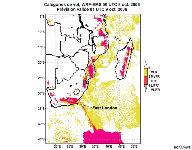Prévision de catégorie de vol, de 12 à 30 heures, pour l'Afrique australe, simulation du modèle WRF-EMS de 00 UTC, le 8 oct. 2006.