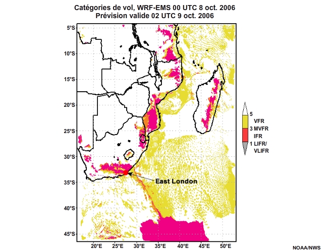 Prévision de catégorie de vol, de 12 à 30 heures, pour l'Afrique australe, simulation du modèle WRF-EMS de 00 UTC, le 8 oct. 2006.