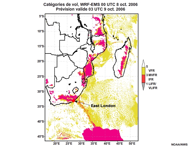 Prévision de catégorie de vol, de 12 à 30 heures, pour l'Afrique australe, simulation du modèle WRF-EMS de 00 UTC, le 8 oct. 2006.
