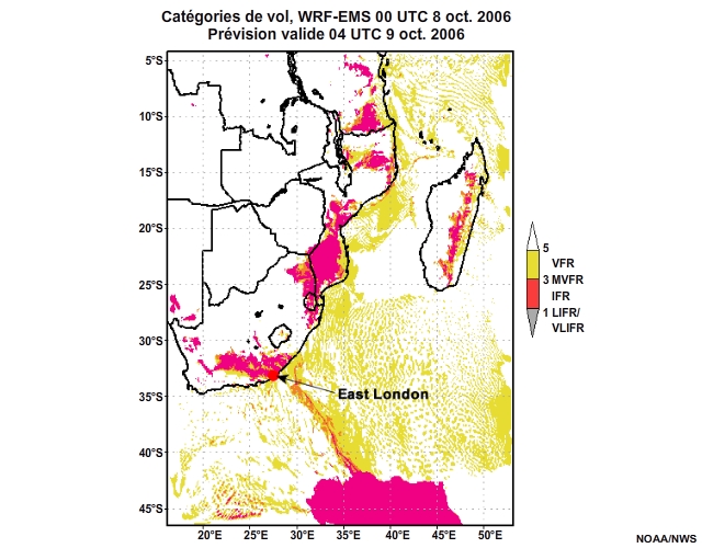 Prévision de catégorie de vol, de 12 à 30 heures, pour l'Afrique australe, simulation du modèle WRF-EMS de 00 UTC, le 8 oct. 2006.