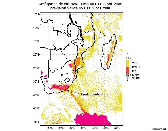 Prévision de catégorie de vol, de 12 à 30 heures, pour l'Afrique australe, simulation du modèle WRF-EMS de 00 UTC, le 8 oct. 2006.