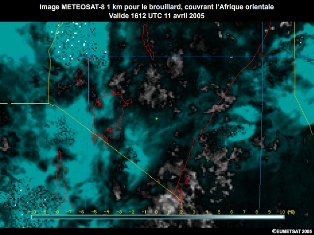Imagerie EUMETSAT 1km rehausse pour le brouillard, pour l'Afrique orientale, centre sur Nairobi (Kenya).  Les zones grises et blanches reprsentent des nuages bas et du brouillard.  Les nuages hauts sont en bleu et les zones mouchetes sont associes  la convection.