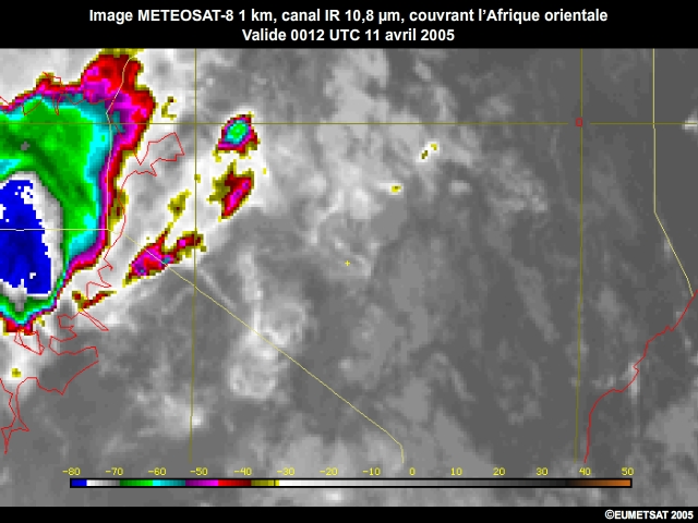 Image METEOSAT-8 1 km, canal IR 10,8 m, couvrant lAfrique orientale, valide 0442 UTC 11 avril 2005