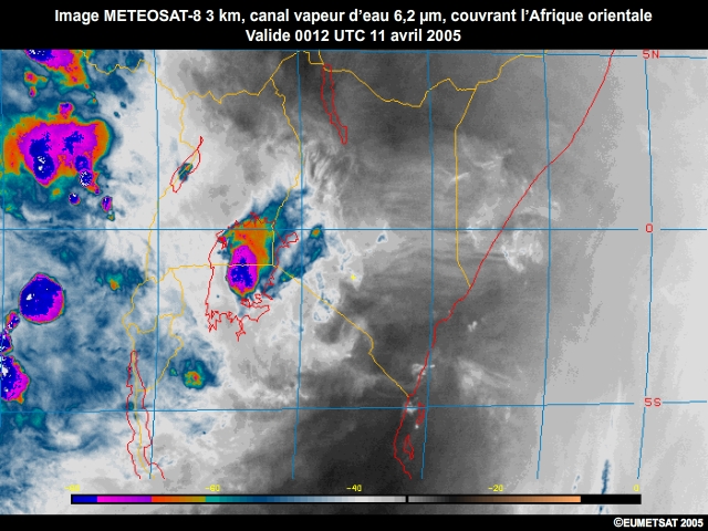 Images EUMETSAT 3km, canal 6,2m pour la vapeur d'eau,  intervalles de 15min, de 0012  1542UTC, le 11 avril 2005, Afrique orientale.