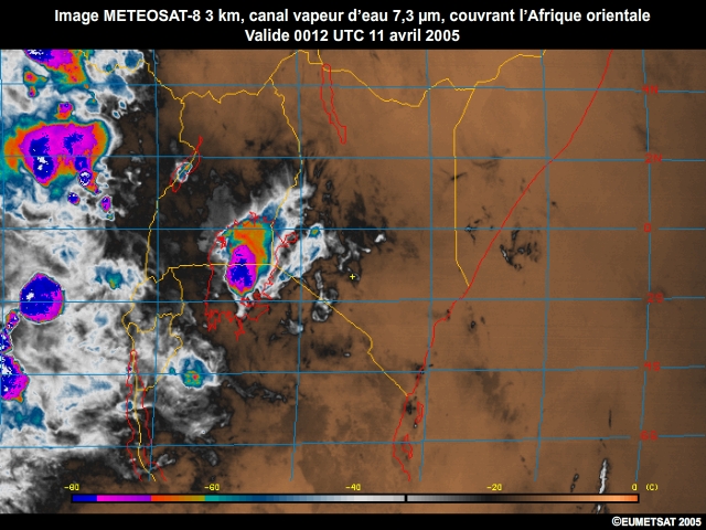 Images EUMETSAT 3km, canal 7,3m pour la vapeur d'eau,  intervalles de 15min, de 0012  1557UTC, le 11 avril 2005, Afrique orientale.