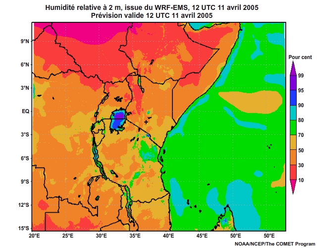Humidit relative  2 mtres prvue par le modle WRF-EMS,  12UTC, le 11 avril 2005, prvision valide de 12UTC  16UTC, le 11 avril 2005.