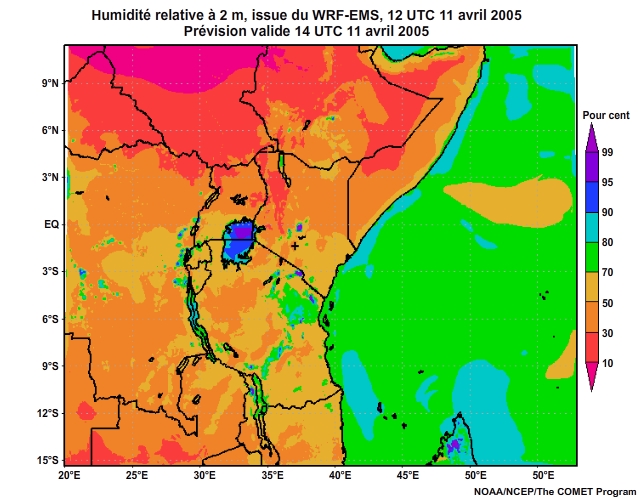 Humidité relative à 2 mètres prévue par le modèle WRF-EMS, à 12 UTC, le 11 avril 2005, prévision valide de 12 UTC à 16 UTC, le 11 avril 2005.