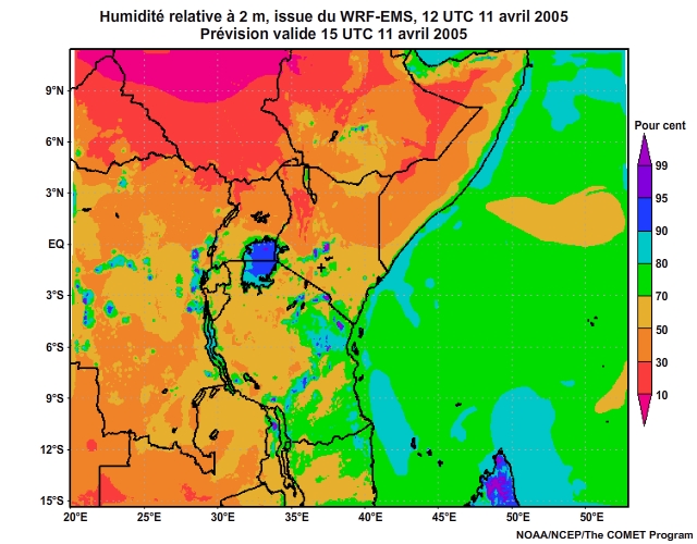 Humidité relative à 2 mètres prévue par le modèle WRF-EMS, à 12 UTC, le 11 avril 2005, prévision valide de 12 UTC à 16 UTC, le 11 avril 2005.