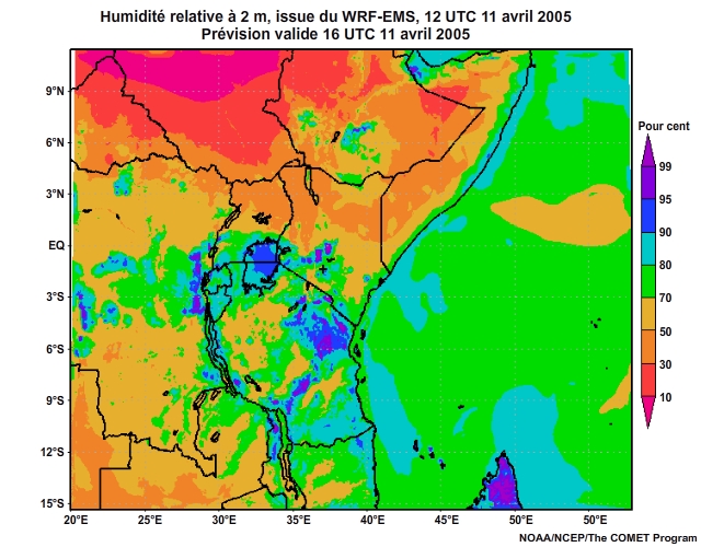 Humidité relative à 2 mètres prévue par le modèle WRF-EMS, à 12 UTC, le 11 avril 2005, prévision valide de 12 UTC à 16 UTC, le 11 avril 2005.