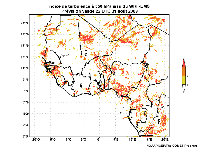 Indice de turbulence prévu par le modèle WRF-EMS à 12 UTC, le 31 août 2009. Prévision valide à 22 UTC, le 31 août 2009.