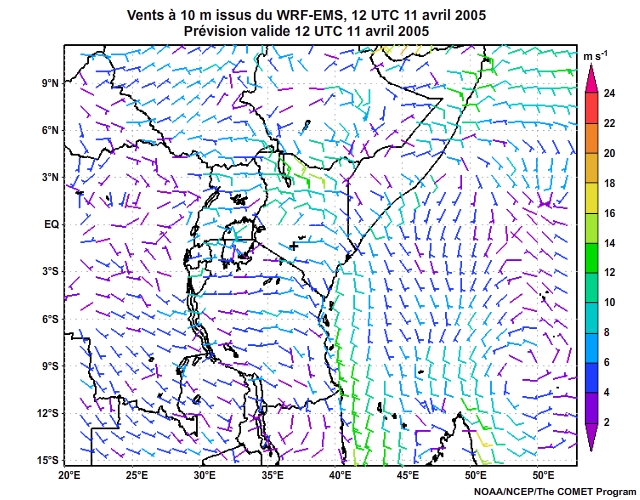 Vecteurs de vent  10 mtres, prvus par le modle WRF-EMS  12UTC, le 11 avril 2005, prvision valide de 12  16UTC, le 11 avril 2005.