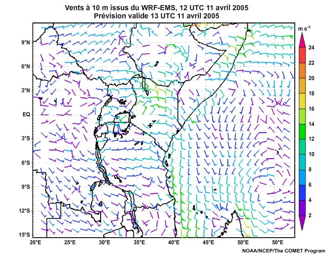 Vecteurs de vent à 10 mètres, prévus par le modèle WRF-EMS à 12 UTC, le 11 avril 2005, prévision valide de 12 à 16 UTC, le 11 avril 2005.